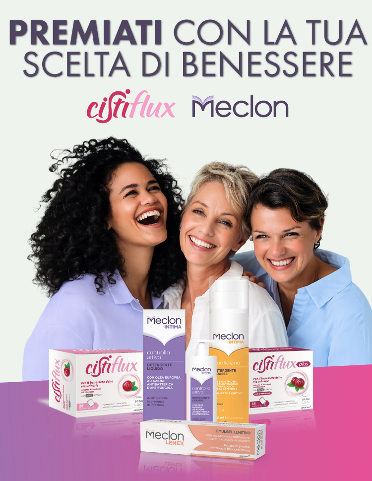 Immagine desktop col titolo della meccanica del Cashback e Concorso Premiati con la tua scelta di benessere: Con l'acquisto di 2 prodotti di cui 1 Meclon intima, ricevi il rimborso del 100% di Meclon Intima e in più ogni mese puoi vincere un iPhone 17